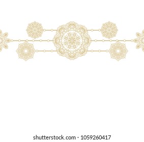 Ornamental golden border composition wit decorative lace rosettes on white background