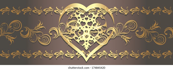 Ornamental golden border with shining heart. Vector