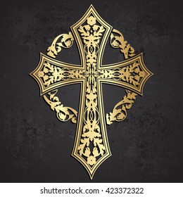 ornamental golden cross with floral wreath on grunge background/ vector illustration