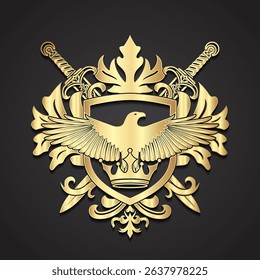 ornamental golden heraldry shield with crown eagle and swords