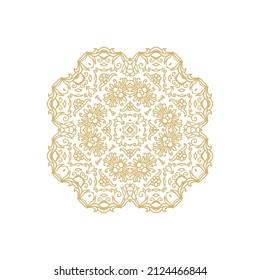 Ornamental golden laced vector floral composition, flourish vignette, rosette, mandala on white background