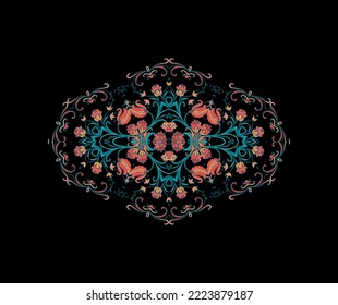Ornamental golden laced vector floral composition, flourish vignette, rosette, mandala on dark background