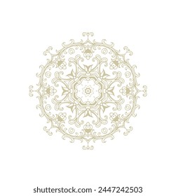 Ornamental golden laced vector floral composition, flourish vignette, rosette, mandala on white background