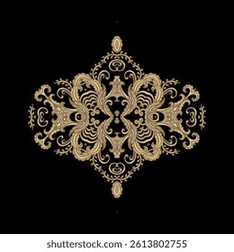 Ornamental golden laced vector floral composition, flourish vignette, rosette, mandala on dark background