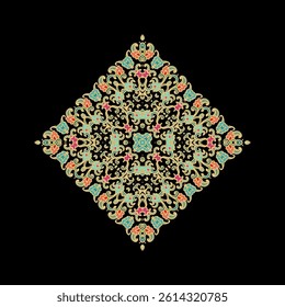 Ornamental golden laced vector floral composition, flourish vignette, rosette, mandala on dark background