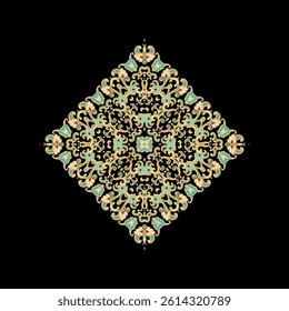Ornamental golden laced vector floral composition, flourish vignette, rosette, mandala on dark background
