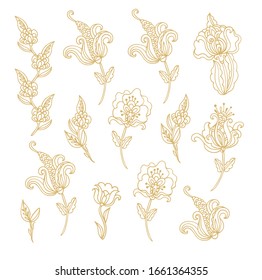 Ornamental golden paisley laced floral composition, vignette  on white background