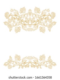Ornamental golden paisley laced floral composition, vignette  on white background