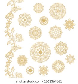 Ornamental golden paisley laced floral composition, vignette  on white background