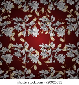 Ornamental golden pattern. Brown, gray and red colors with golden elements. Vector golden floral ornament brocade textile pattern, white doodles. Metal with floral pattern.