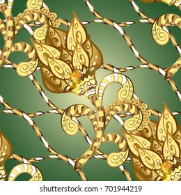 Ornamental golden pattern. Gold metal with floral pattern. Background with golden elements. Vector golden floral ornament brocade textile and glass pattern.