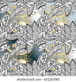 Ornamental golden pattern. Vector oriental ornament. Golden pattern with white doodles on gray gradient background with golden elements.