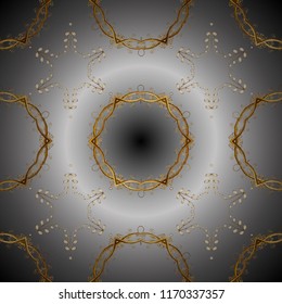 Ornamental golden textured curls. Ornamental pattern on gray, neutral and brown colors. Golden elements in oriental style arabesques. Vector golden ornamental pattern.