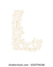 Ornamental golden vector floral composition  "L - love" on white background