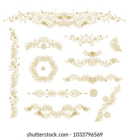 Ornamental golden vector floral compositions - garlands, borders, vignettes on white background