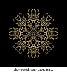Ornamental golden vector laced rosette, mandala, snowflake on dark background