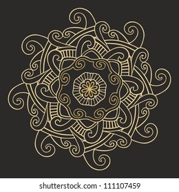 Ornamental golden vector rosette - snowflake on black background