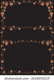 Ornamental grapevine frame with three compartments, featuring vine leaves and grapes in brown on black background. Perfect for wine labels, menus, or invitations