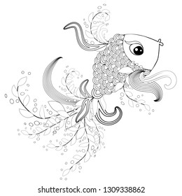 ornamental graphic fish, floral line pattern. Zentangle. Coloring book page for adult. Bohemia concept for restaurant menu card, branding, logo label. Black and white