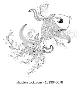 ornamental graphic fish, floral line pattern. Zentangle. Coloring book page for adult. Bohemia concept for restaurant menu card, branding, logo label. Black and white