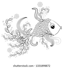 ornamental graphic fish, floral line pattern. Zentangle. Coloring book page for adult. Bohemia concept for restaurant menu card, branding, logo label. Black and white.