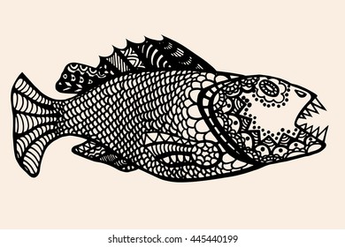 ornamental graphic fish. Vector vintage engraving. Zentangle. Hand drawn artwork. Bohemia concept for restaurant menu card, branding, logo label. Black and beige