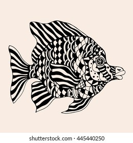 ornamental graphic fish. Vector vintage engraving. Zentangle. Hand drawn artwork. Bohemia concept for restaurant menu card, branding, logo label. Black and beige