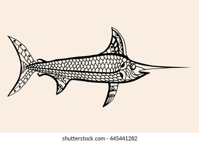 ornamental graphic fish. Vector vintage engraving. Zentangle. Hand drawn artwork. Bohemia concept for restaurant menu card, branding, logo label. Black and beige