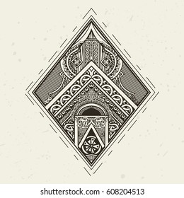 Ornamental graphic vector illustration, logo or label. Ethnic, pattern. Handmade