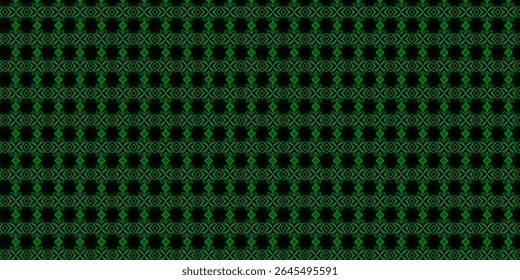 Ornamental green geometric pattern on a dark background. Seamless and elegant for digital, textile, or wallpaper uses. Vivid symmetry and a bold visual effect.