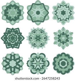 Ornamental green mandala on white background. Round Ornament Pattern. Indian. Arabic, Islam ornament, Buddhism culture symbol. Mandala pattern, Collection of floral mandala, arabic icons, tiles motif.