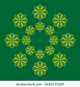 Ornamental green pattern. Decorative flower shapes. Abstract vector symmetry. Dark background icon.