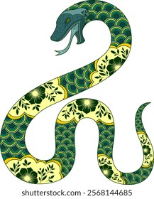 Ornamental Green Snake Illustration Chinese Zodiac With Floral Design. Vector Hand Drawn Illustration Isolated On Transparent Background