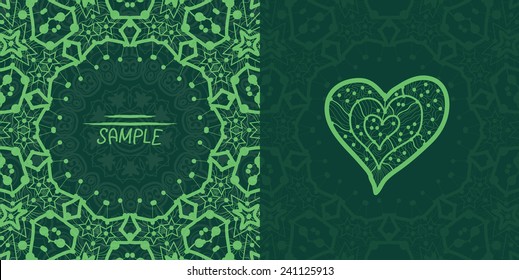 Ornamental green vector square flyer card design. Invitation card. Heart shaped vintage decorative element. Hand drawn background. Islamic, arabic, indian, ottoman, asian motifs. 
