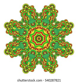 Ornamental  green and yellow pattern round. Lace mandala. Vector.