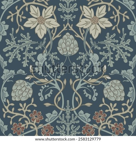 Ornamental grey blue pattern. Seamless floral background.