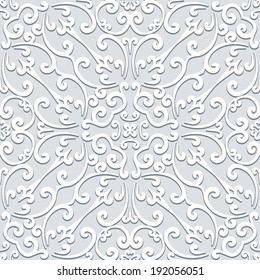 Ornamental grey vector background, swirly damask seamless pattern in neutral color