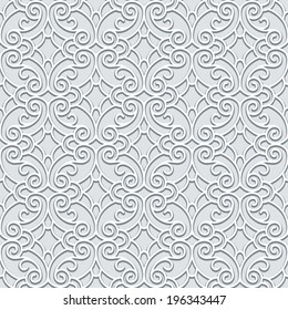 Ornamental grey vector background, swirly damask seamless pattern in neutral color