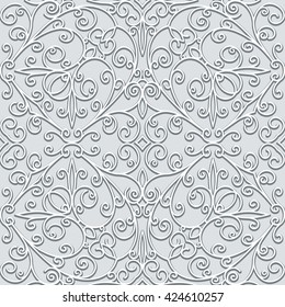 Ornamental grey vector background, swirly seamless pattern in neutral color