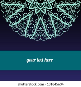 Ornamental half round lace pattern, circle background, crocheting handmade lace, lacy arabesque designs. Oriental traditional ornament motif in modern realization