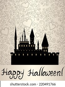Ornamental Halloween vector background with dark vampire castle and text "Happy Halloween"