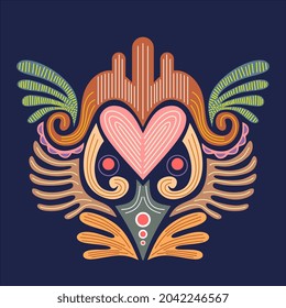 Ornamental hand drawn ethnic decorative heart shaped. Vintage tattoo in bohemian style. Yoga, magic, t-shirt print orange background.