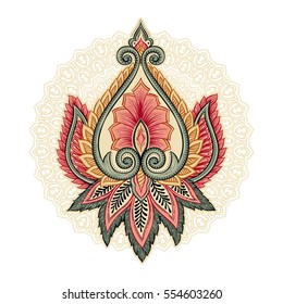 Ornamental hand drawn ethnic decorative flower. Vintage tattoo in bohemian style. Yoga, magic, t-shirt print vector illustration.