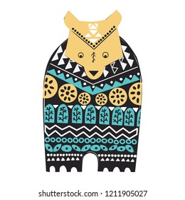 Ornamental hand drawn illustration with animal and floral elements. Folk art , ethnic style. Cute bear in sweater