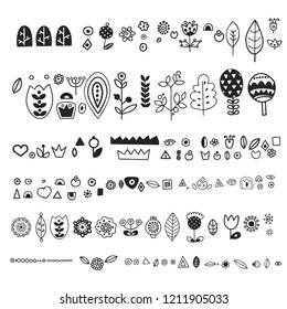 Ornamental hand drawn illustration with animal and floral elements. Folk art , ethnic style. Big vector collection with cute elements