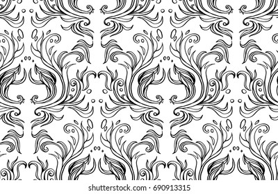 Ornamental hand drawn pattern illustration with abstract vignette elements. Black and white tile wallpaper. Ink vintage victorian baroque style. Design element.