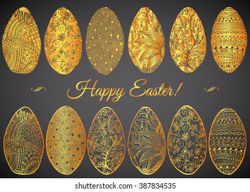 Ornamental hand drawn sketch of easter eggs in zentangle style. vector illustration with ornament and lettering happy easter, isolated.