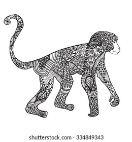Ornamental hand drawn sketch of monkey in zentangle style. vector illustration with ornament, isolated.