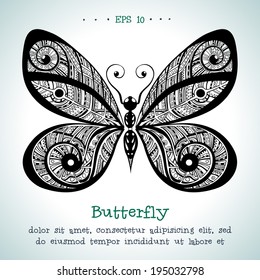 Ornamental hand drawn vintage vector butterfly.