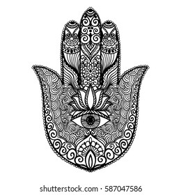 Ornamental hand with eye. Vector hand drawn indian protective symbol